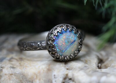 Opal Ring * Solid Sterling Silver Ring* Floral Band * Full Moon * 10mm Monarch Opal *  Any Size - image4